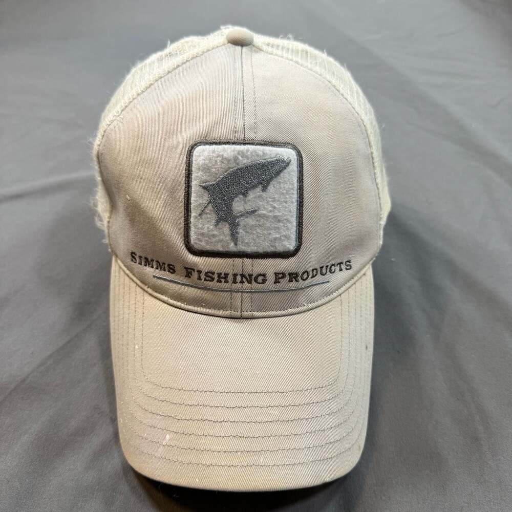 Simms Fishing Products Trout Patch Beige Mesh Trucker Snapback Hat Distressed